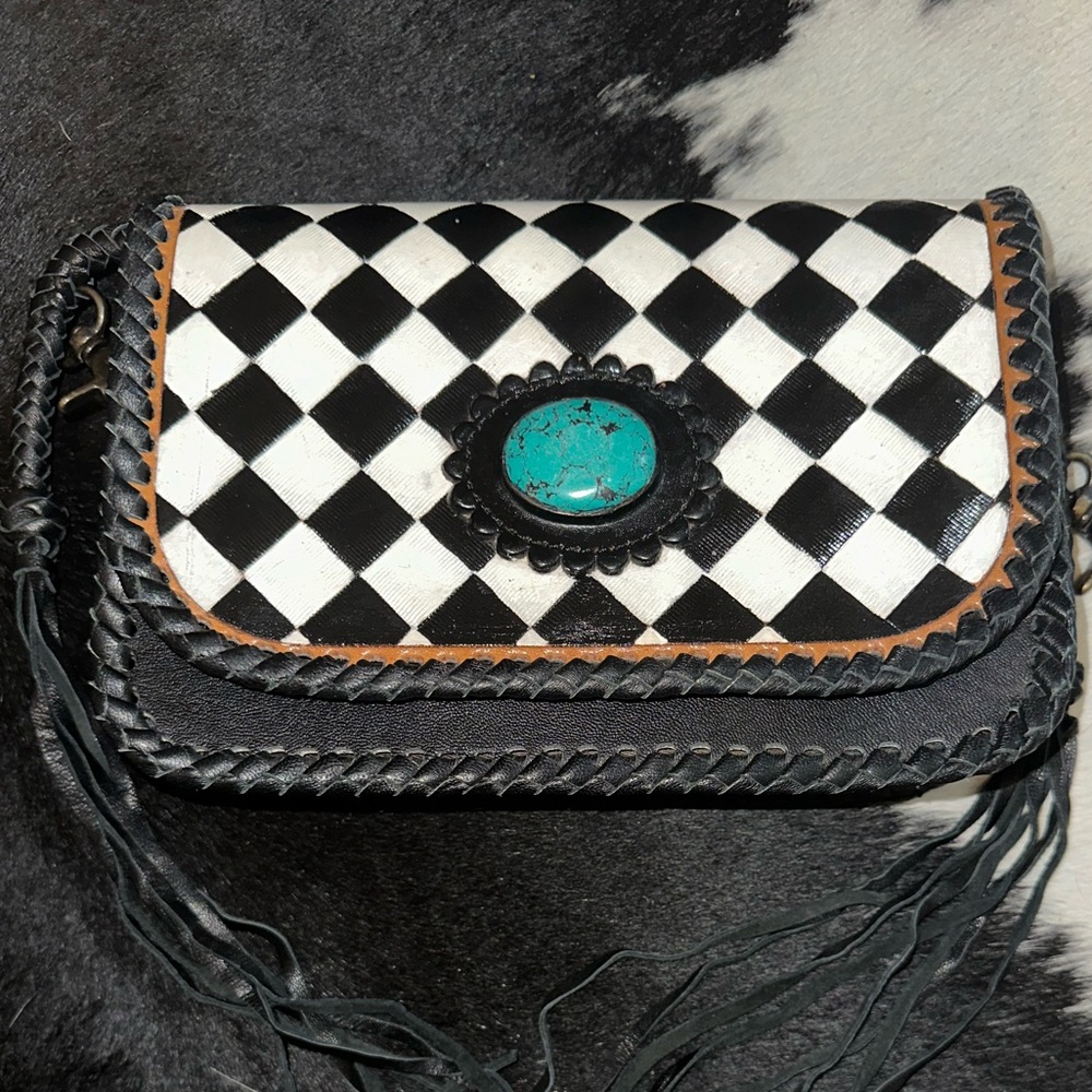 Elegant Black and White Checkered Clutch with Turquoise Detail